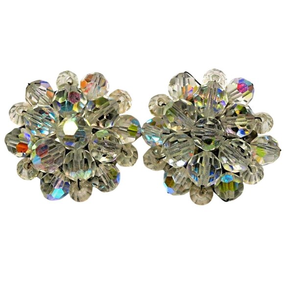 Vintage Aurora Borealis Clip-On Earrings 1.25" Crystal Cluster Mid-Century Style - Picture 1 of 5